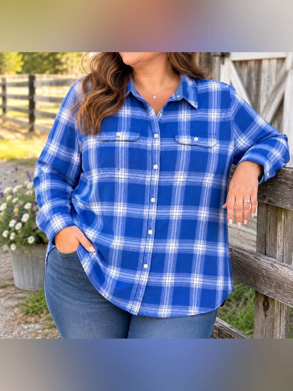 St. John’s Bay Blue Plaid Pearl Button Up Shirt Size 0X Western
